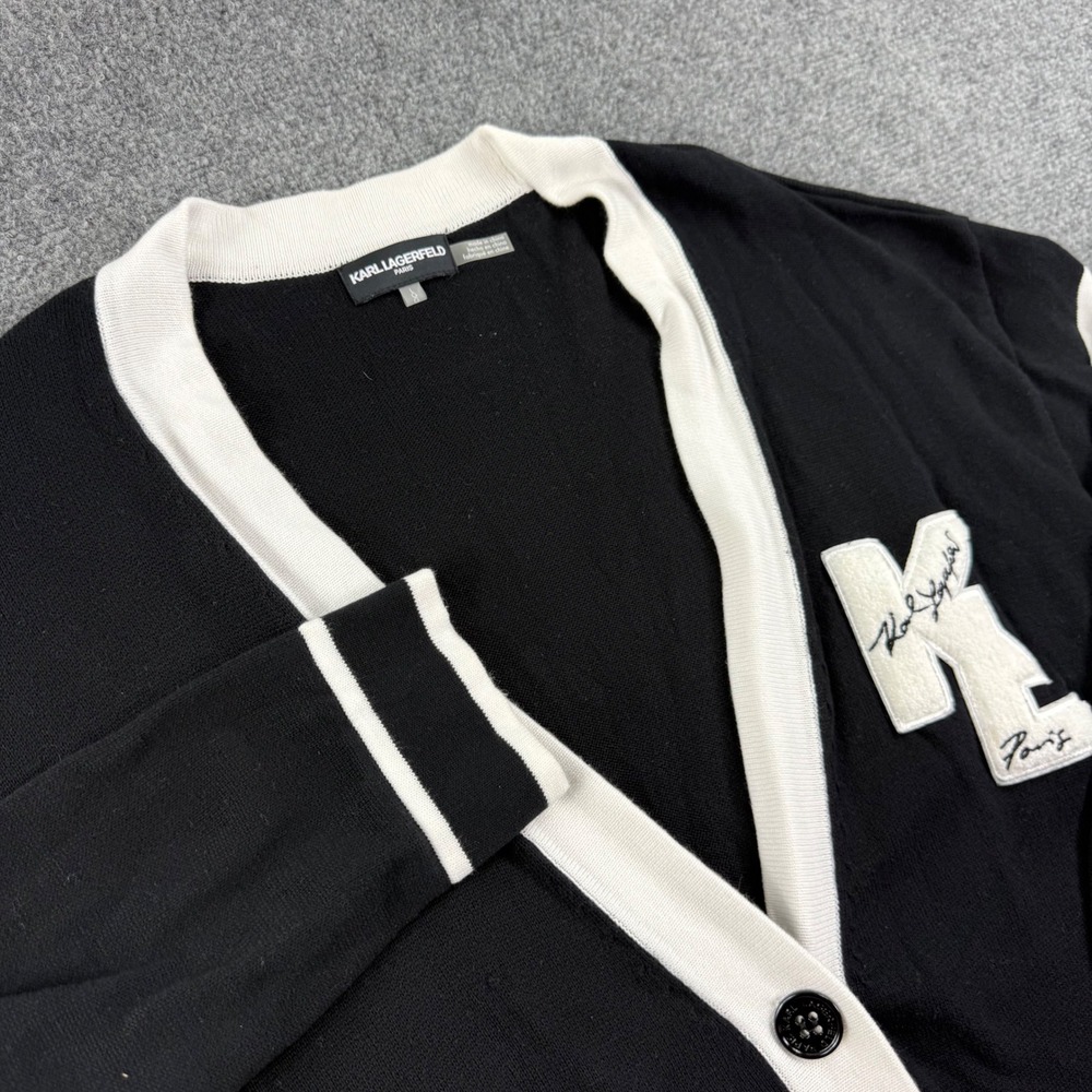 Karl Lagerfeld Paris Cardigan L Black White Varsity Letterman Sweater Womens
